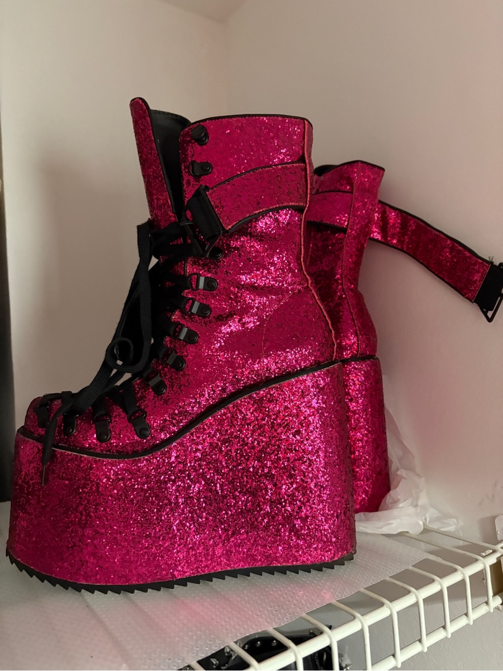 Demonia Hot Pink Glitter Platform Lace-Up Boots